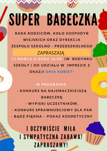 Plakat informujący o impreze z okazji dnia kobiet 11 marca o 16:00 w budynku szkoły